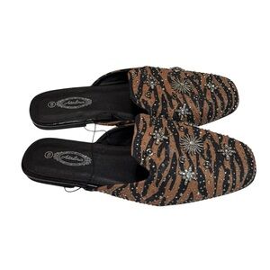 Atalina Black and Brown Animal Print Rhinestone Patterned Mules